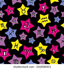 Vector pattern with astrological signs of Zodiacs and colorful stars on black background. Seamless pattern can be used for wallpaper, pattern fills, web page background, surface textures.