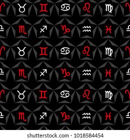 Vector pattern with astrological signs of Zodiacs on black background. Seamless pattern can be used for wallpaper, pattern fills, web page background, surface textures.