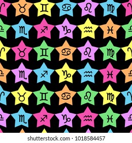 Vector pattern with astrological signs of Zodiacs and colorful stars on black background. Seamless pattern can be used for wallpaper, pattern fills, web page background, surface textures.