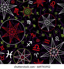 Vector pattern with astrological symbols and signs of Zodiacs on black background. Seamless pattern can be used for wallpaper, pattern fills, web page background,surface textures.