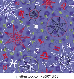 Vector pattern with astrological symbols and signs of Zodiacs on blue background. Seamless pattern can be used for wallpaper, pattern fills, web page background,surface textures.