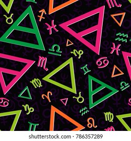 Vector pattern with astrological symbols and signs of Zodiacs on black background. Seamless pattern can be used for wallpaper, pattern fills, web page background,surface textures.