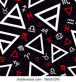 Vector pattern with astrological symbols and signs of Zodiacs on black background. Seamless pattern can be used for wallpaper, pattern fills, web page background,surface textures.