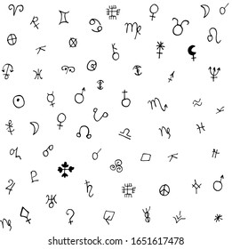 Vector pattern of astronomical and alchemical signs, symbols of planets, zodiac signs and asteroids. Black icons on a white background. Hand-drawn. Illustration in the Doodle style.