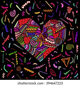 Vector pattern with asymmetric hearts  on a black background.