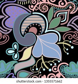 vector pattern of asymmetrical and floral ornament with stylized plants and dots. great for packaging design, textile, detail of invitation card and other prints