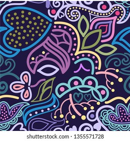 vector pattern of asymmetrical and floral ornament with stylized plants and dots. great for packaging design, textile, detail of invitation card and other prints