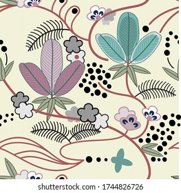 patrón vectorial de ornamento asimétrico y floral con plantas y puntos estilizados. excelente para el diseño de embalajes, textiles, detalles de la tarjeta de invitación y otras impresiones