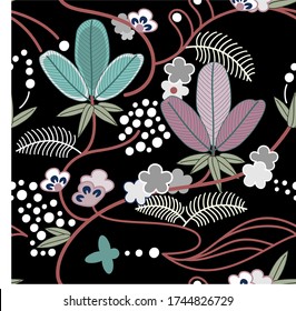 vector pattern of asymmetrical and floral ornament with stylized plants and dots. great for packaging design, textile, detail of invitation card and other prints