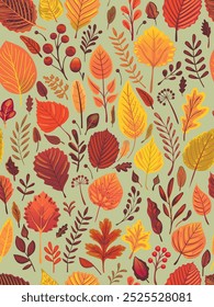 Vector pattern of autumn falling leaves, seeds, acorns, nuts. Fall season elements perfect for scrapbook, card, poster, invitation, sticker kit. Handmade drawing doodle vector isolated.