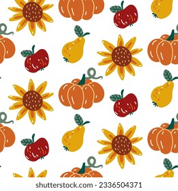 Patrón vectorial de los elementos de la cosecha de otoño. Calabaza, manzana, pera, girasol al estilo de las caricaturas sobre un fondo blanco. Fondo otoñal con frutas y verduras. Envase