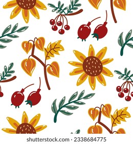 Vektormuster der Herbsterntempel. Physalis, Rosehip, Rowan, Sonnenblume im Cartoon-Stil auf weißem Hintergrund. Herbsthintergrund mit Früchten und Beeren. Verpackung