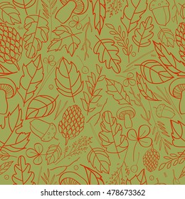 Vector pattern of autumn leaves, berries, grass blades, cones, acorns autumn elements and templates. Orange on a green-gray background. autumn hipster background. Bright pattern.