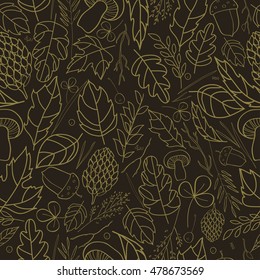 Vector pattern of autumn leaves, berries, grass blades, cones, acorns autumn elements and templates.Light brown, beige on a dark brown background. Bright pattern.
