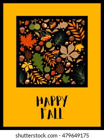 Vector pattern with autumn leaves and berries in stylized square. Text happy fall