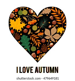 Vector pattern with autumn leaves and berries in stylized heart. Text I love autumn