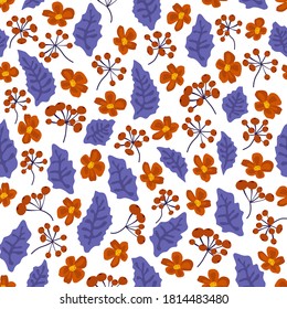 vector pattern with autumn leaves and flowers. background from bright autumn elements. seamless ornament of berries and falling leaves