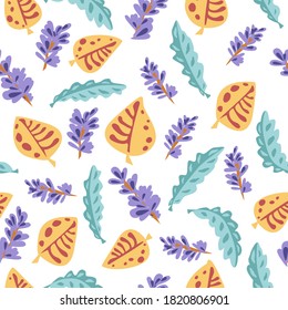 vector pattern with autumn leaves and flowers. background from bright autumn elements. seamless ornament of berries and falling leaves