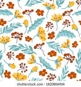 vector pattern with autumn leaves and flowers. background from bright autumn elements. seamless ornament of berries and falling leaves