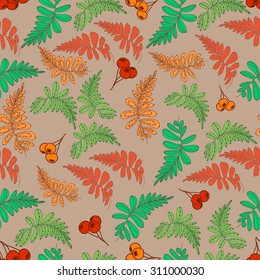 Vector pattern of autumn leaves flying and rowan