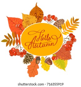 Vector pattern autumn leaves with a lettering Hello autumn