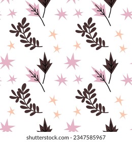 vector pattern. autumn leaves and stars in pink, yellow and brown colors on a white background.