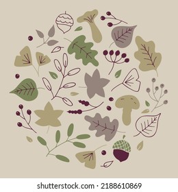 Vector pattern of autumn leaves, twigs, berries, acorns and mushrooms. Postcard on the theme of the seasons, abstract background.  Hand drawn botanical illustration for September, October and November