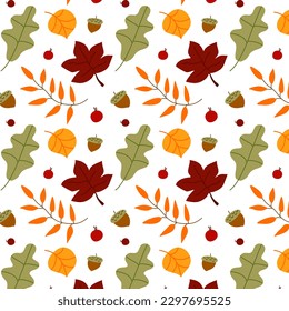 Vector Pattern. Autumn Leaves.Print for Textile.Web Design. Fall, Falling Leaves, Cozy Food, White Background, Cute. Autumn season elements. Bright background for the harvest. Autumn card.EPS 10.