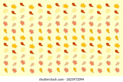 Vector pattern of autumn maple and oak leaves in different shades of yellow, orange and brown on yellow background