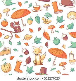 Vector pattern with autumn related objects such as leaves, pumpkins, umbrellas etc. The pattern is included as a swatch in the vector file.