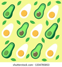 Vector pattern of avocado, egg and green leaves on yellow background. 