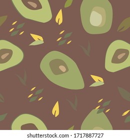 Vector pattern with avocado and green leaves.