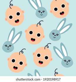 vector pattern with baby face and bunny head. flat image of a childish pattern with a smiling child.
