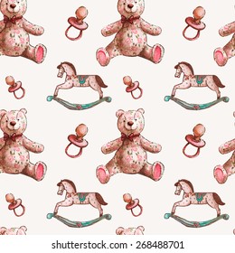 Vector pattern with baby illustration. Watercolor cute kids illustration. Children card with little textile teddy bears, wood horses and gigs. 