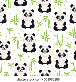 Vector pattern with baby panda and bamboo. Lovely cute bear pattern. Kids illustration.