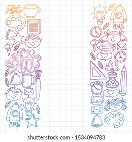 Vector pattern with back to school icons for posters, banners, covers. Kids, children education.