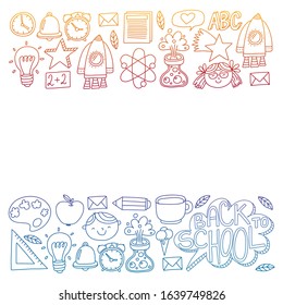 Vector pattern with back to school icons for posters, banners, covers. Kids, children education.