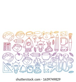 Vector pattern with back to school icons for posters, banners, covers. Kids, children education.
