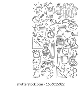 Vector pattern with back to school icons for posters, banners, covers. Kids, children education.