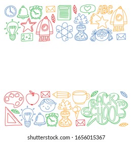 Vector pattern with back to school icons for posters, banners, covers.