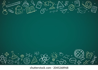 Vector pattern background back to school with education doodle icon symbols on green chalkboard. frame back to school. EPS10.