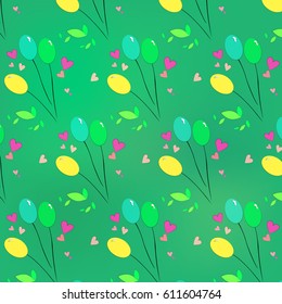 Vector pattern background with balloons, hearts and leaves on green background. 