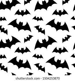 Vector pattern background with bats silhouettes for halloween design. Seammles pattern swarm of bats on the white background. Happy Halloween
