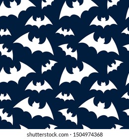 Vector pattern background with bats silhouettes.  Happy Halloween party. Seamless  texture of flying bat on blue background. Design for packaging, postcards, parties, decor, web, fabric.