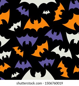 Vector pattern background with bats silhouettes.  Happy Halloween party. Seamless  texture of flying bat on black background. Design for packaging, postcards, parties, decor, web, fabric.