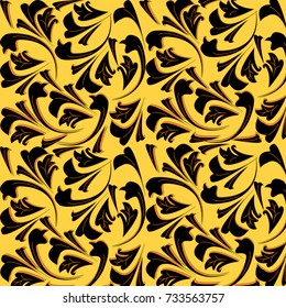 Vector pattern background branches with black leaves on orange background.
