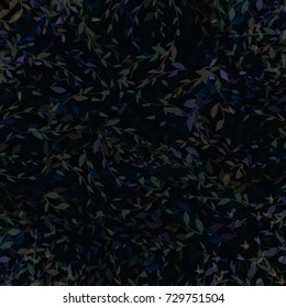 Vector pattern background branches with dark color leaves on black background.