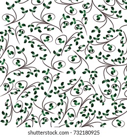 Vector pattern background branches with green leaves on white background.