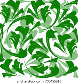 Vector pattern background branches with green leaves on white background.