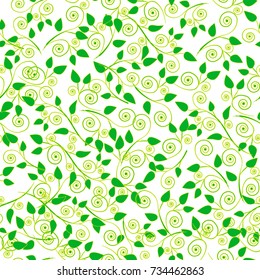 Vector pattern background branches with green leaves on white background.